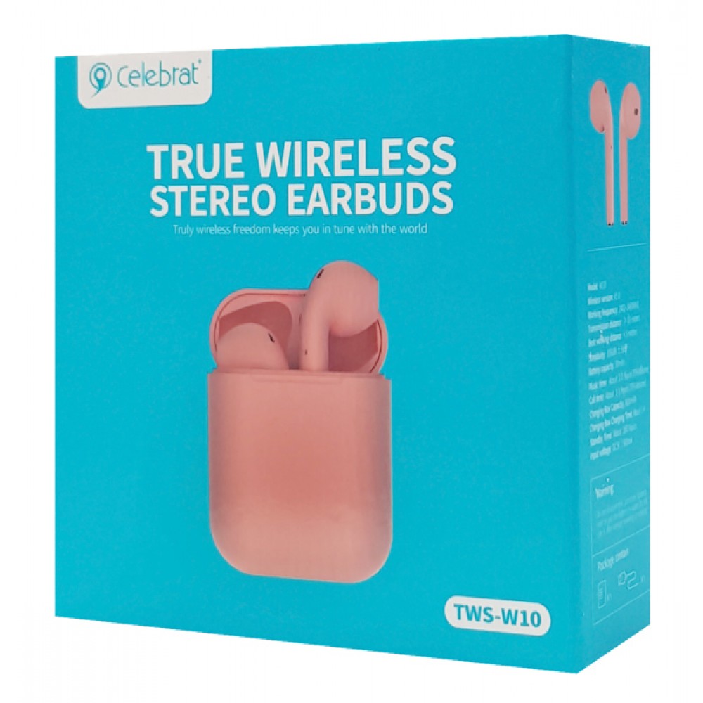 CELEBRAT earphones με θήκη φόρτισης W10, True Wireless, 30/300mAh, ροζ