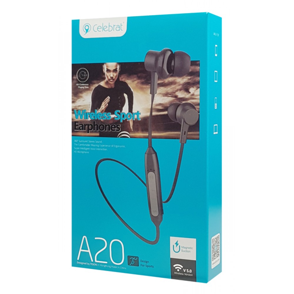 CELEBRAT bluetooth earphones A20 με μαγνήτη, 10mm, BT 5.0, μαύρα