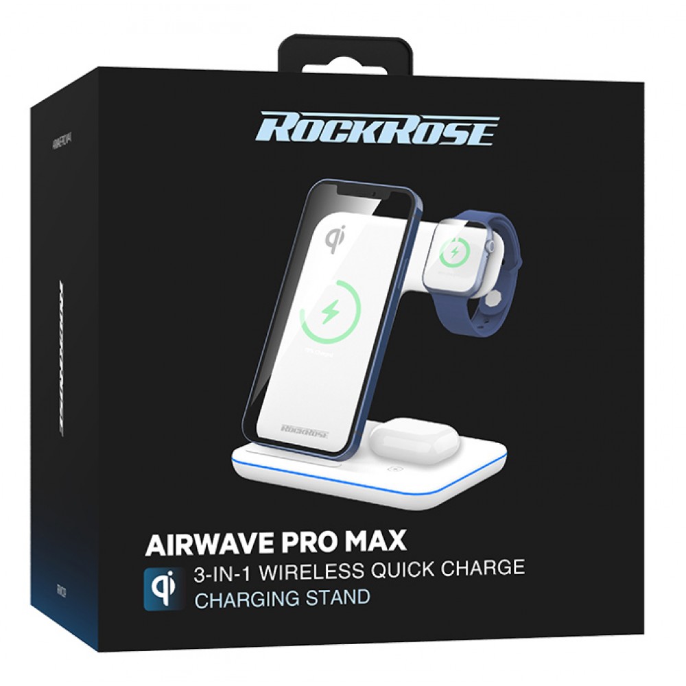 ROCKROSE 3 σε 1 ασύρματος φορτιστής Airwave Pro Max RRWC09, 15W, λευκός