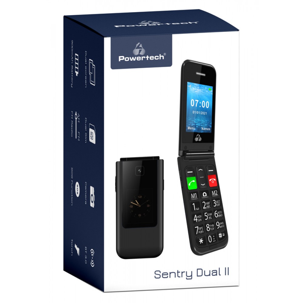 POWERTECH Κινητό Τηλέφωνο Sentry Dual II, 2 οθόνες, SOS Call, μαύρο