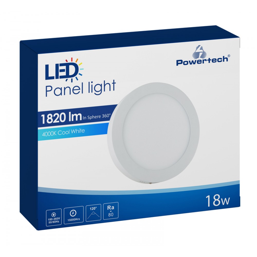 POWERTECH LED panel PAN-0002, 18W, Φ 22.5cm, 4000K, 1820lm, λευκό