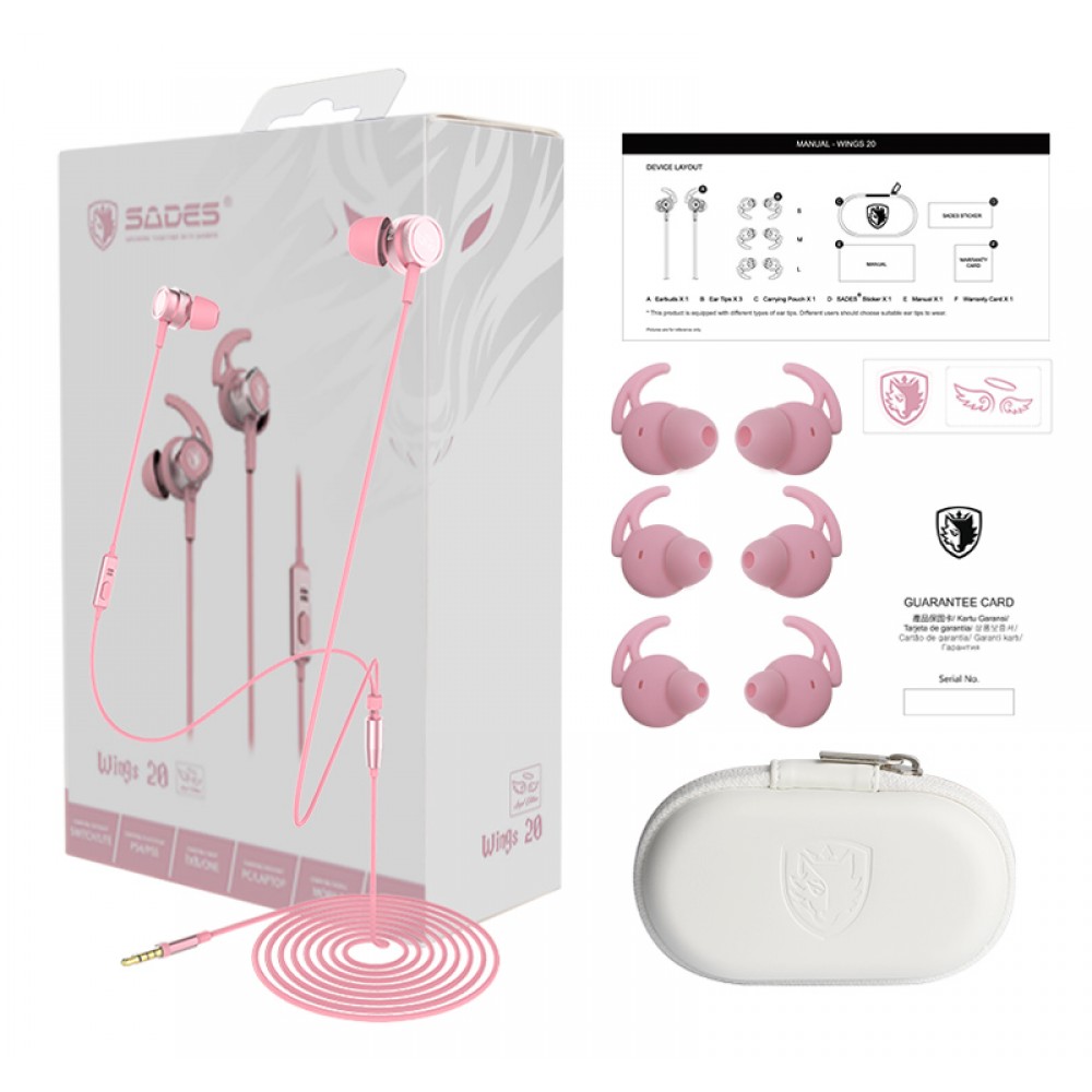 SADES gaming earphones Wings 20 με μικρόφωνο, 3.5mm, Φ12mm, 1.2m, ροζ