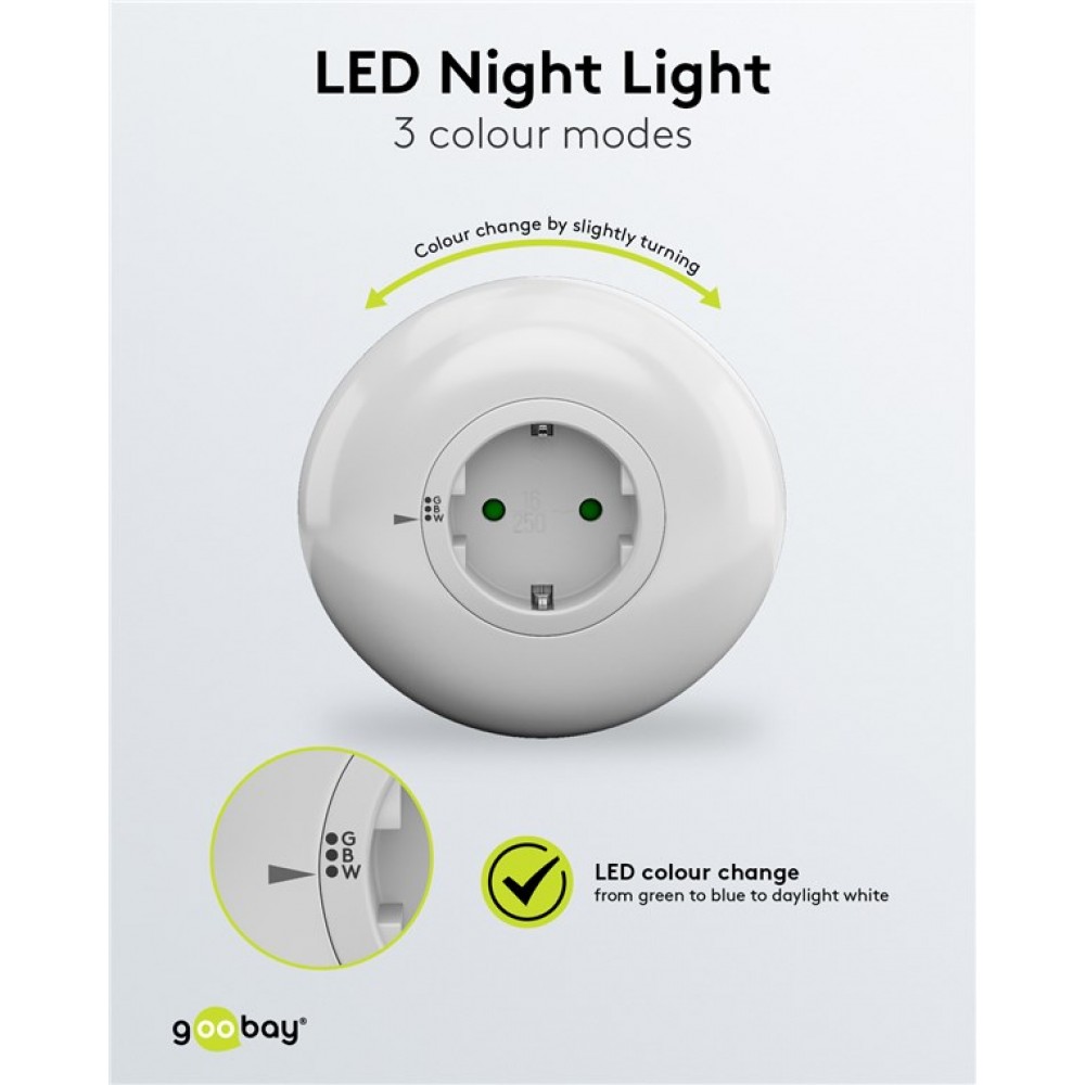 GOOBAY LED φωτιστικό νυκτός 64567, πρίζα schuko, 3 χρώματα φωτός, 6500K