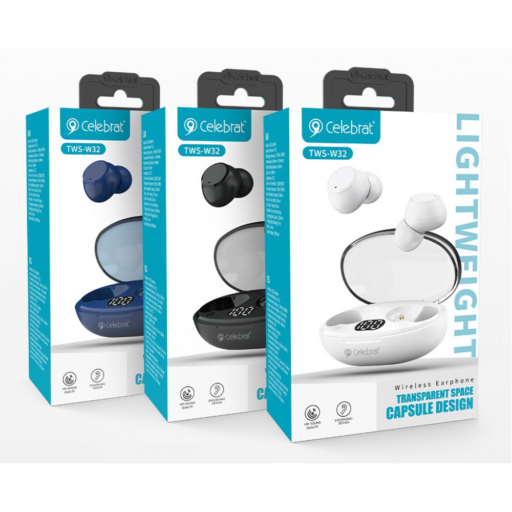 CELEBRAT earphones με θήκη φόρτισης TWS-W32, True Wireless, Φ8mm, μαύρα