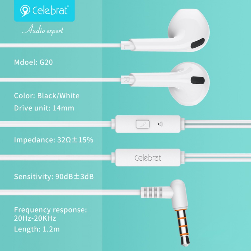 CELEBRAT earphones με μικρόφωνο G20, 3.5mm σύνδεση, Φ14mm, 1.2m, μαύρα