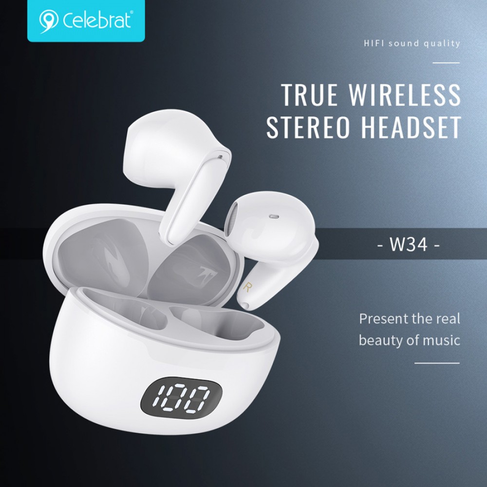 CELEBRAT earphones με θήκη φόρτισης TWS-W34, True Wireless, Φ13mm, λευκά