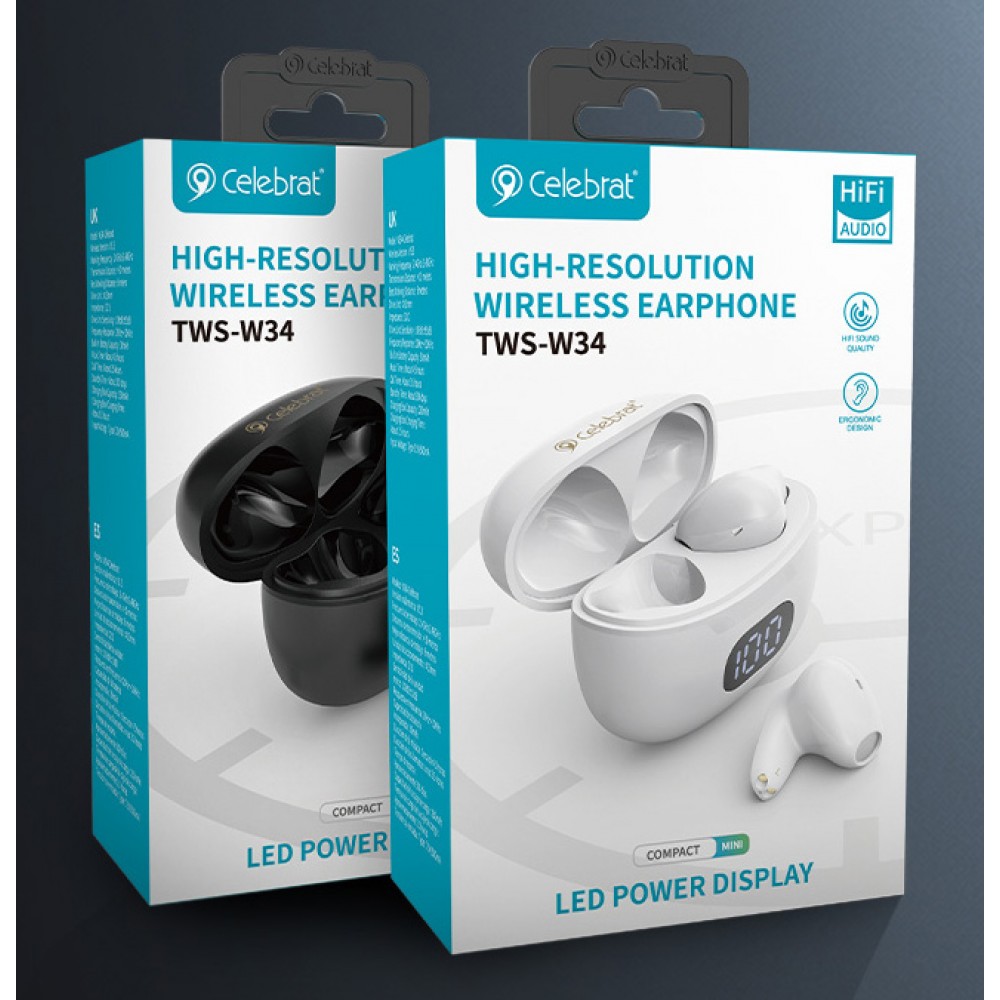 CELEBRAT earphones με θήκη φόρτισης TWS-W34, True Wireless, Φ13mm, μαύρα