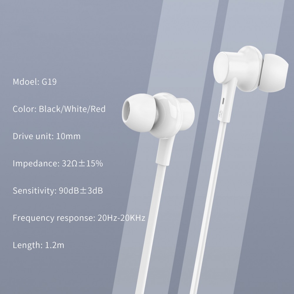 CELEBRAT earphones με μικρόφωνο G19, 3.5mm σύνδεση, Φ10mm, 1.2m, λευκά