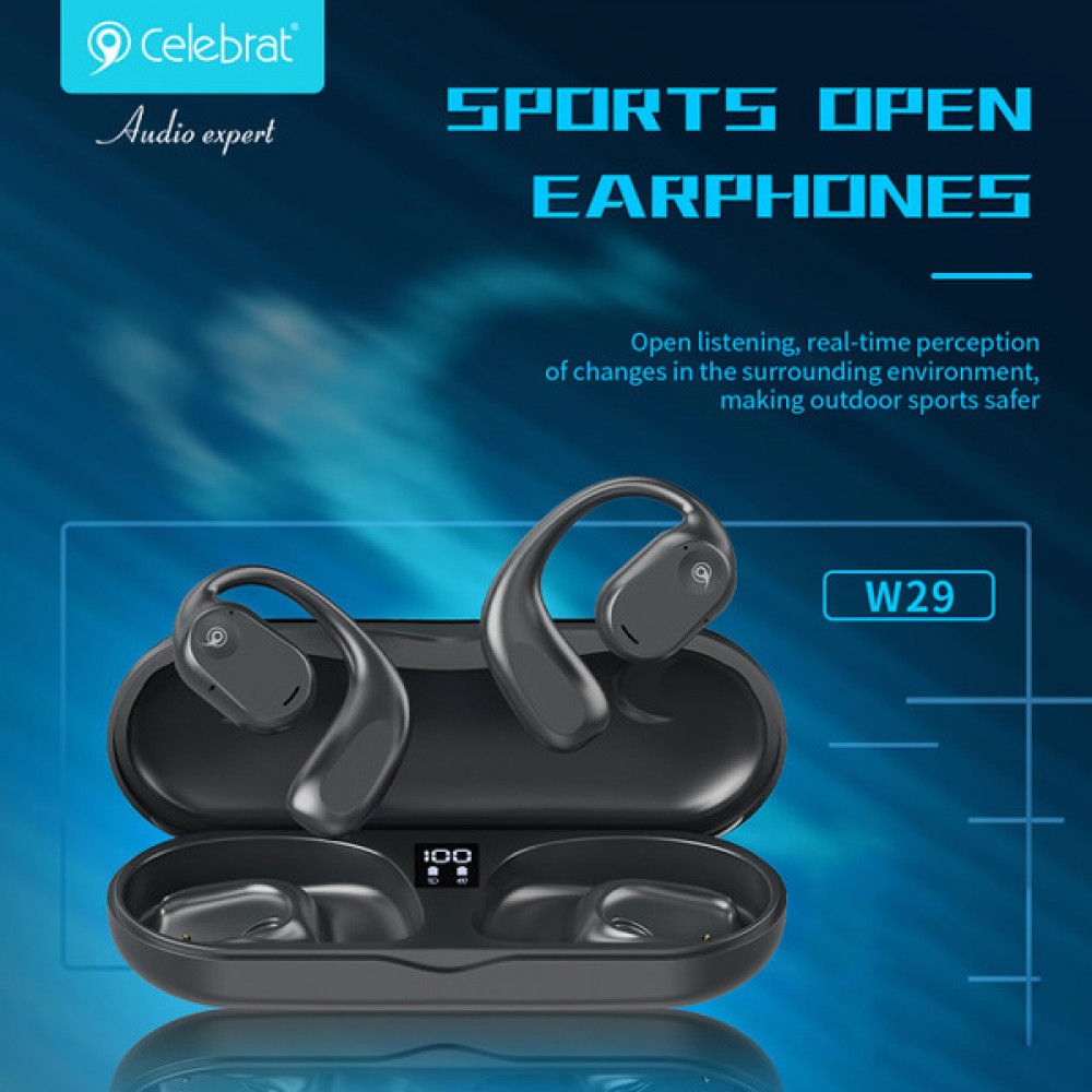 CELEBRAT earphones με θήκη φόρτισης W29, Open Wearable Stereo, μαύρα