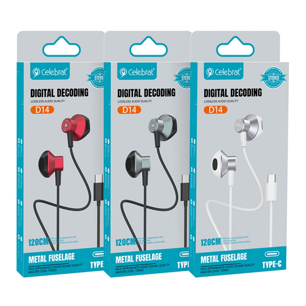 CELEBRAT earphones με μικρόφωνο D14, USB-C σύνδεση, Φ14mm, 1.2m, μαύρα