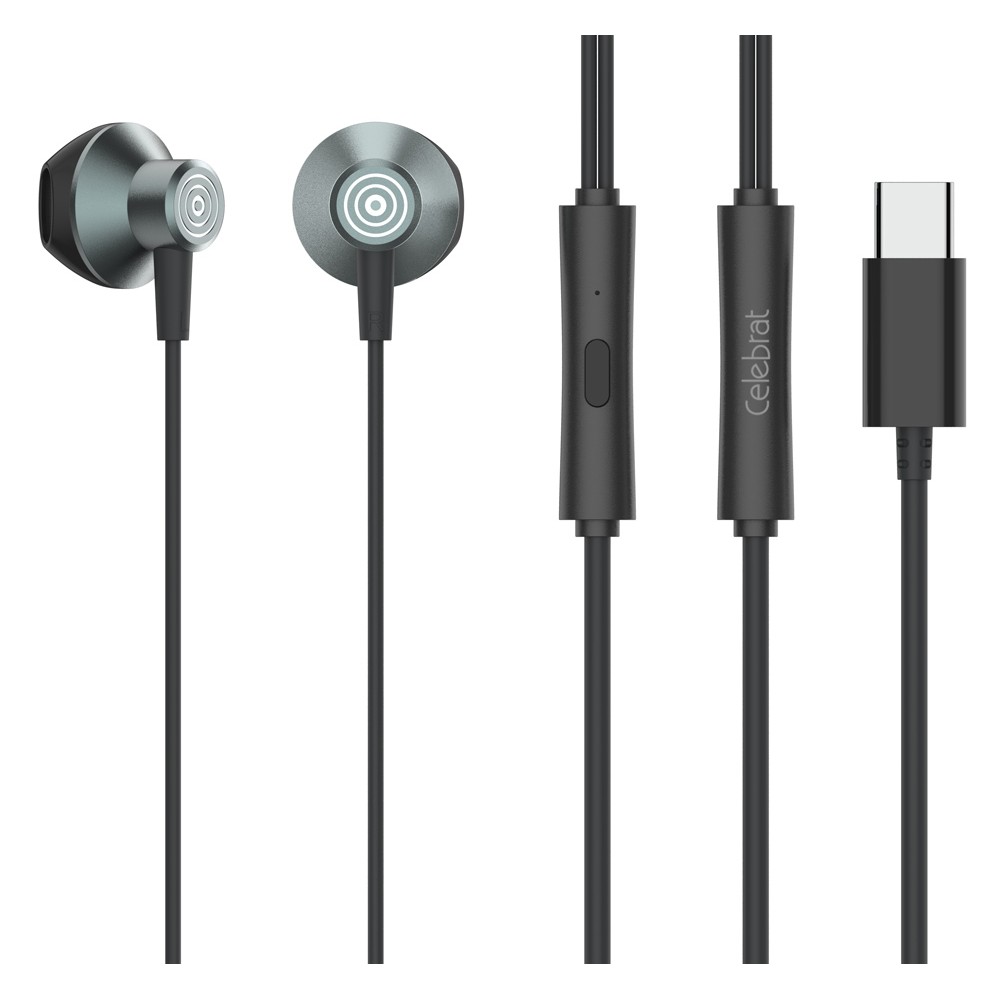 CELEBRAT earphones με μικρόφωνο D14, USB-C σύνδεση, Φ14mm, 1.2m, μαύρα