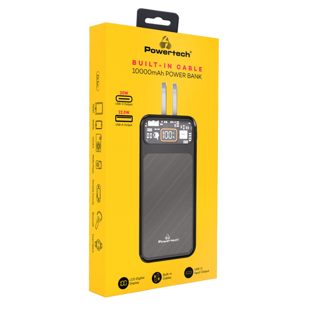 POWERTECH power bank με καλώδια και οθόνη PT-1135 10000mAh, 22.5W, μαύρο