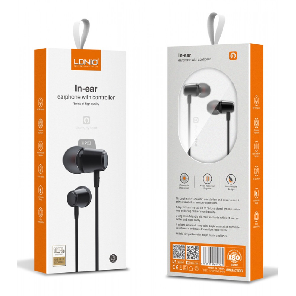 LDNIO earphones με μικρόφωνο HP03, 3.5mm σύνδεση, Φ10mm, 1.2m, μαύρα