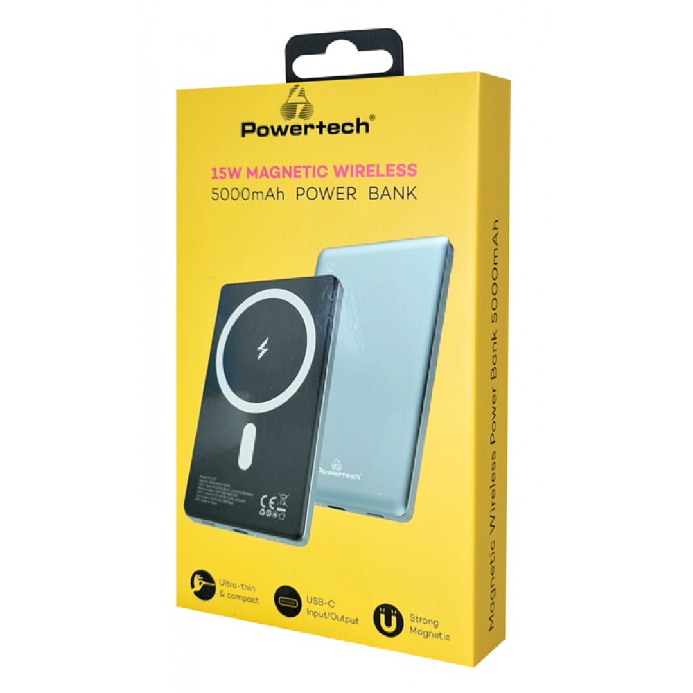 POWERTECH power bank PT-1171, 5000mAh, magnetic wireless, 15W, γκρι