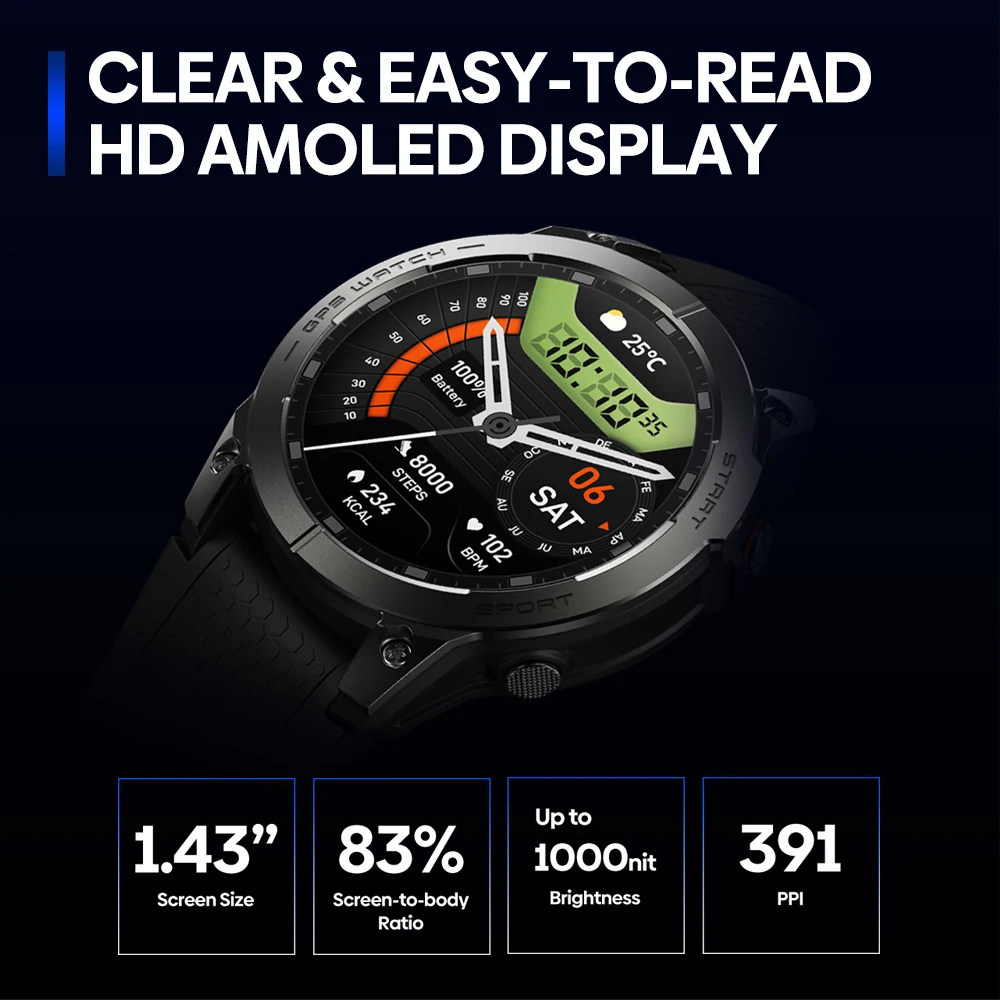 ZEBLAZE smartwatch Stratos 3 Pro, heart rate, 1.43