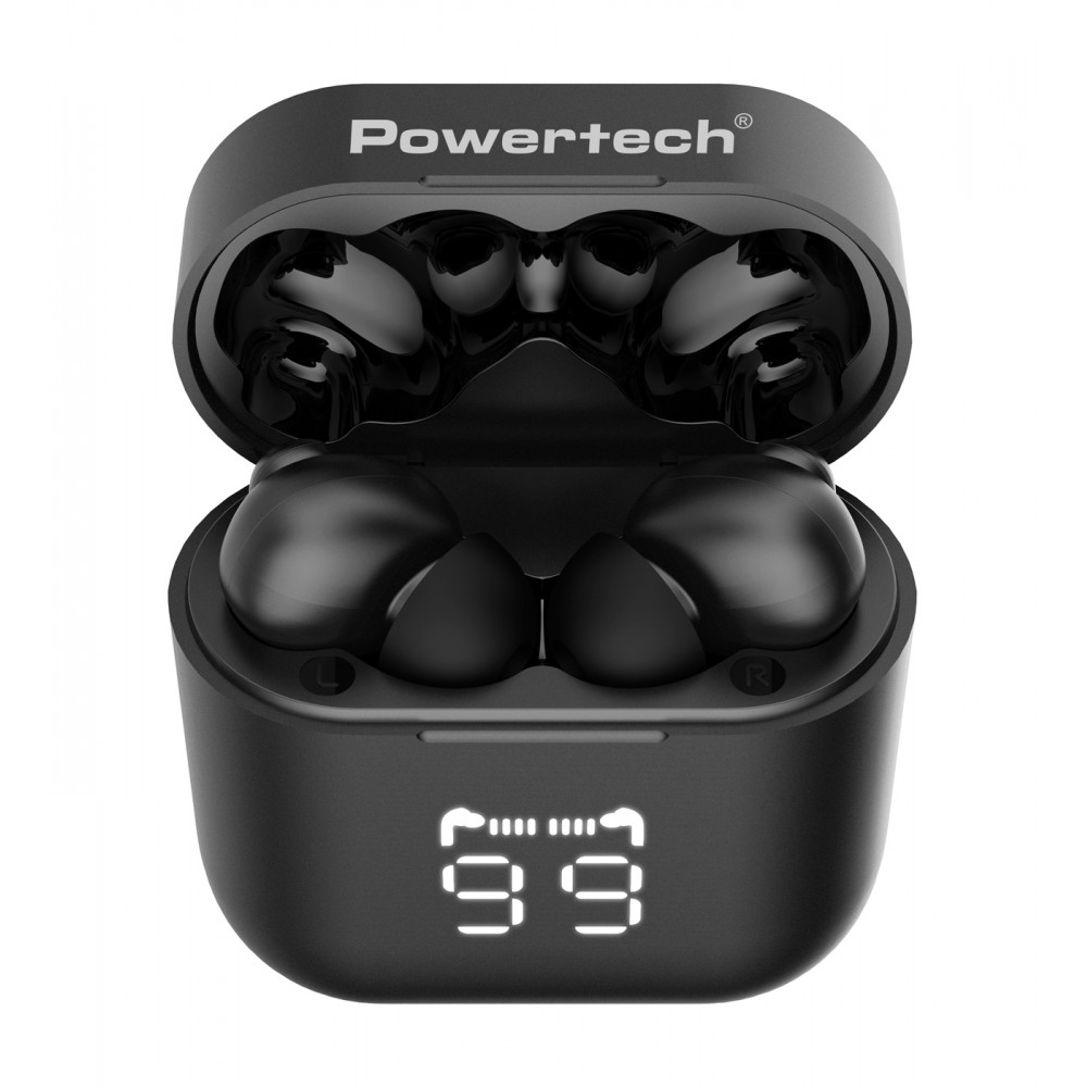 POWERTECH earphones με θήκη φόρτισης PT-1227, TWS, ENC, 30/480mAh, μαύρα