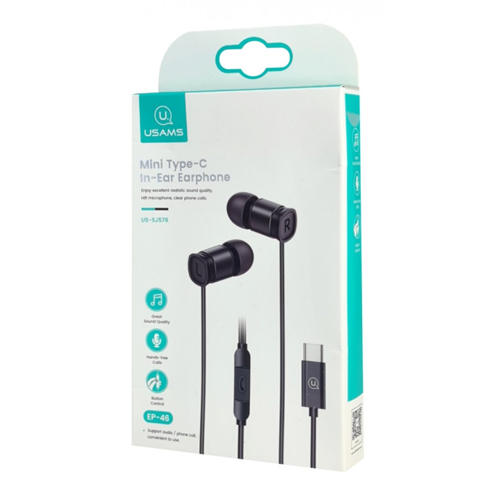 USAMS earphones με μικρόφωνο US-SJ576, USB-C σύνδεση, Φ6mm, 1.2m, μαύρα